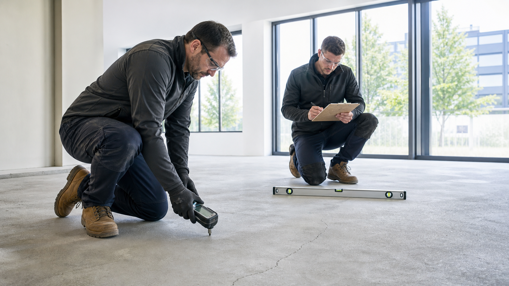 Technicians inspecting a concrete floor and testing moisture and level conditions.