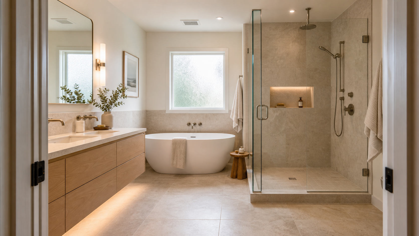 A calm spa-inspired bathroom with a freestanding tub, walk-in shower and warm wood vanity