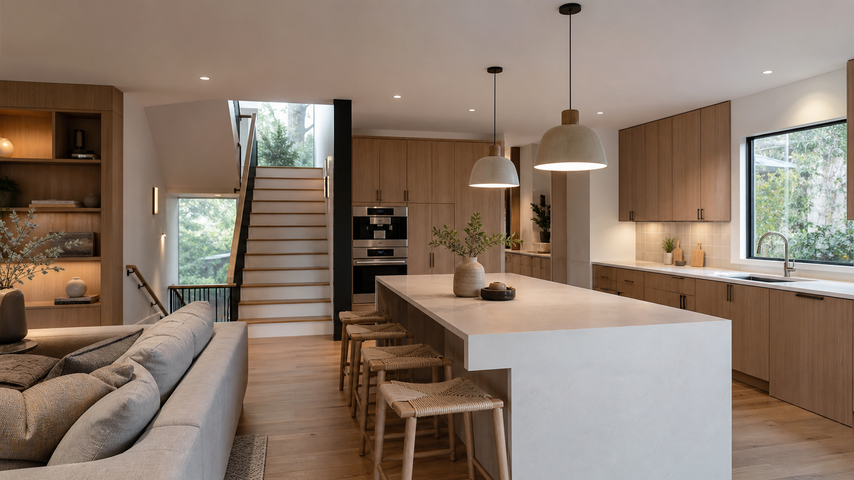 A newly designed kitchen and living area representing the coordinated result of many trades