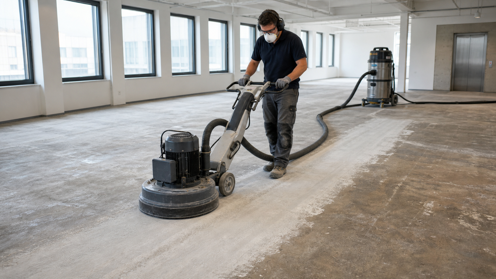 Professional technician preparing a concrete floor with a diamond grinding machine and dust extractor.