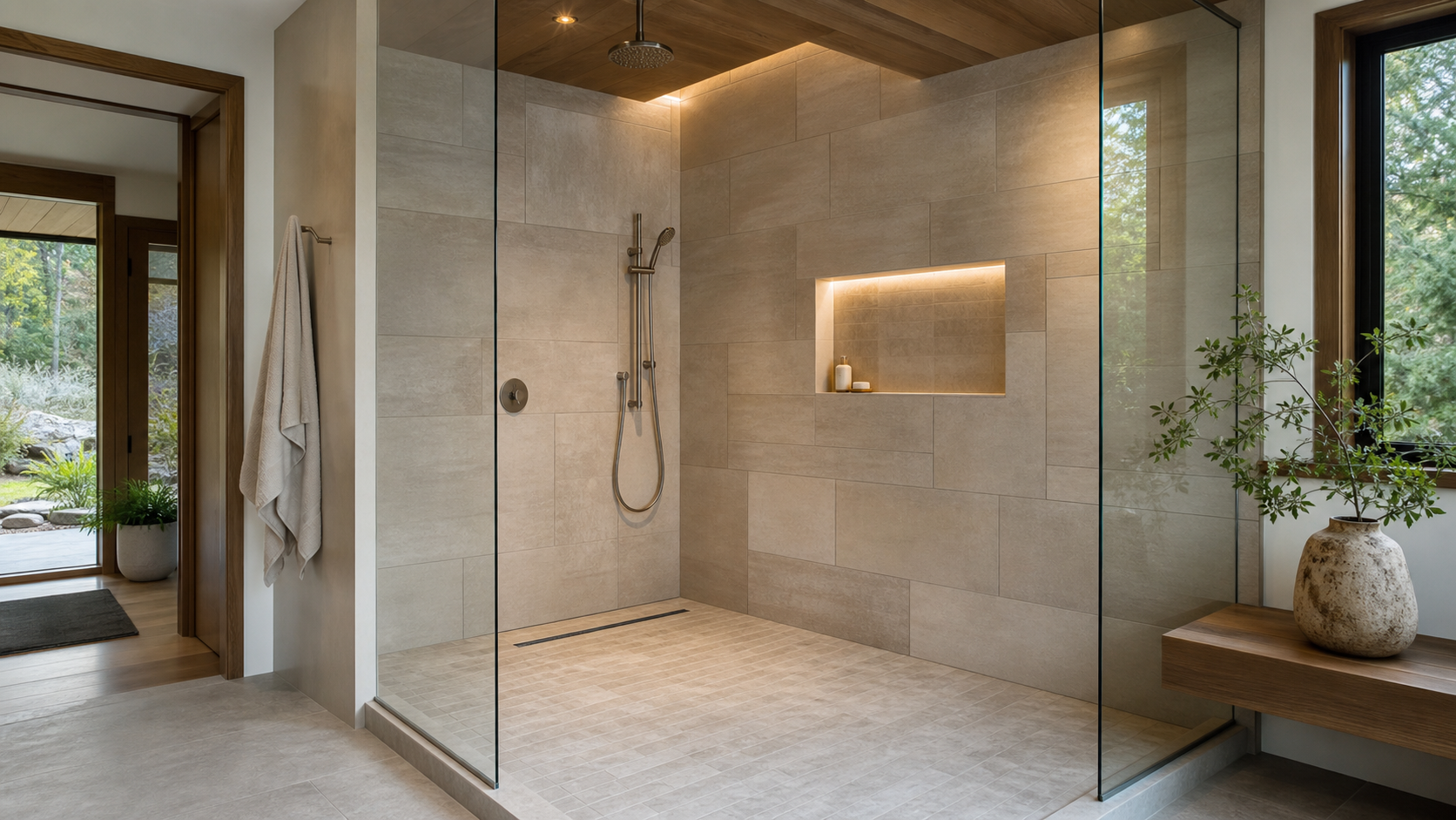A new walk-in shower concept with large-format tile, a niche and coordinated drainage