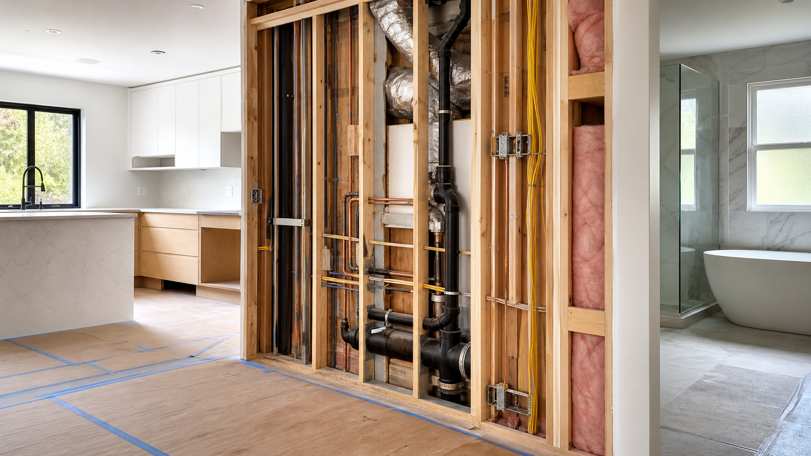 An original renovation concept showing plumbing, electrical, framing and ventilation behind finished surfaces