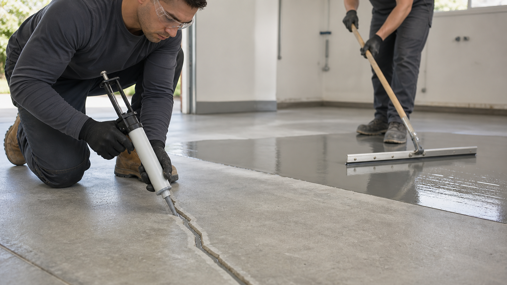 Concrete floor crack repair and self-leveling compound application before coating installation.