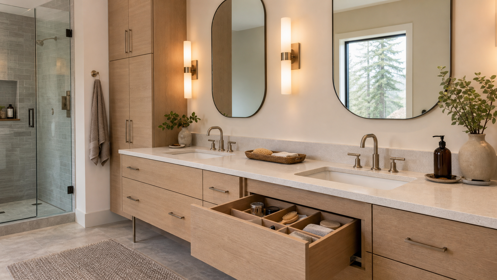 A new floating-vanity and storage concept with organized drawers and warm task lighting