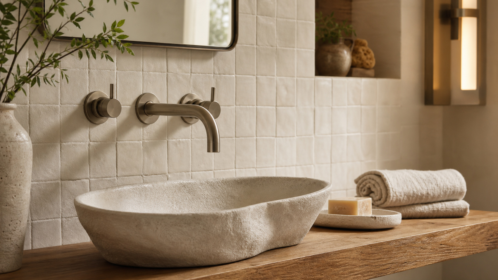 An original fixtures-and-finishes concept with brushed metal, warm tile and a stone basin
