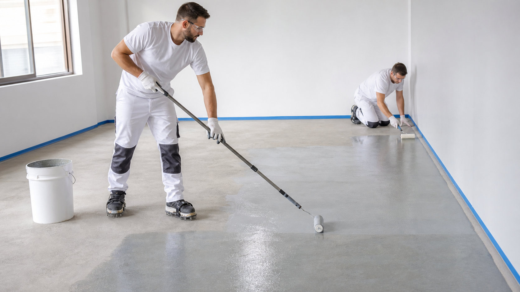 Technicians applying a bonding primer to a prepared concrete floor.