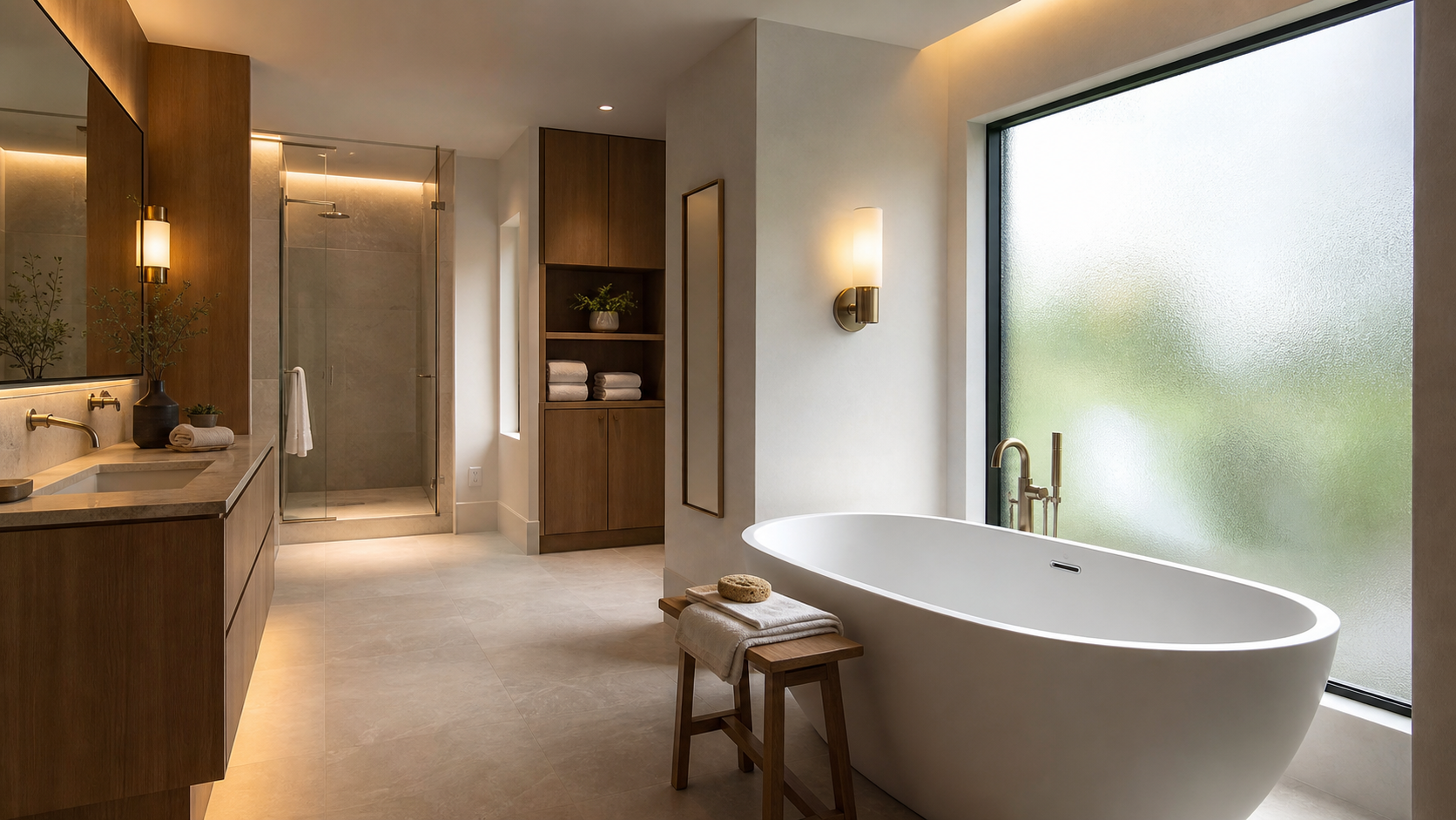 A spa-inspired bathing zone showing daylight, sconces and concealed warm lighting