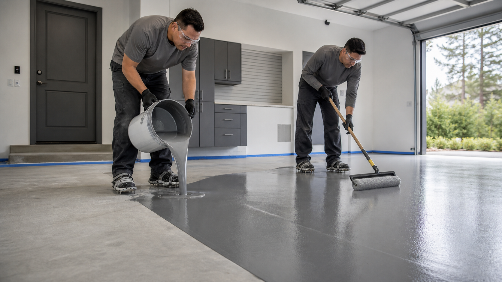Professional installation of a seamless gray epoxy floor coating.