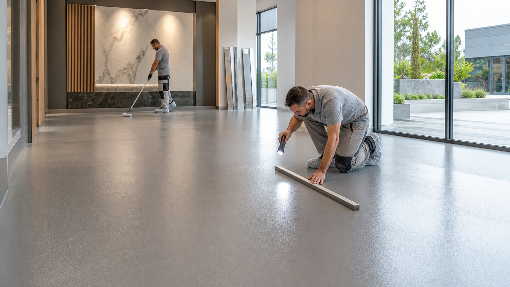 Final protective floor coating and quality inspection in a commercial space.