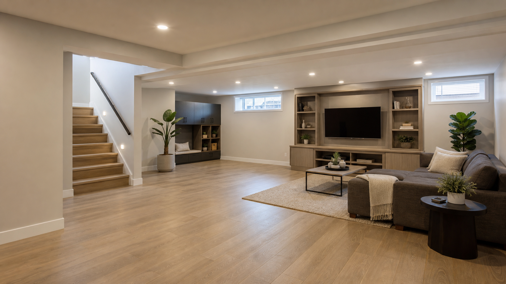 Open-concept finished basement with staircase and built-in media storage