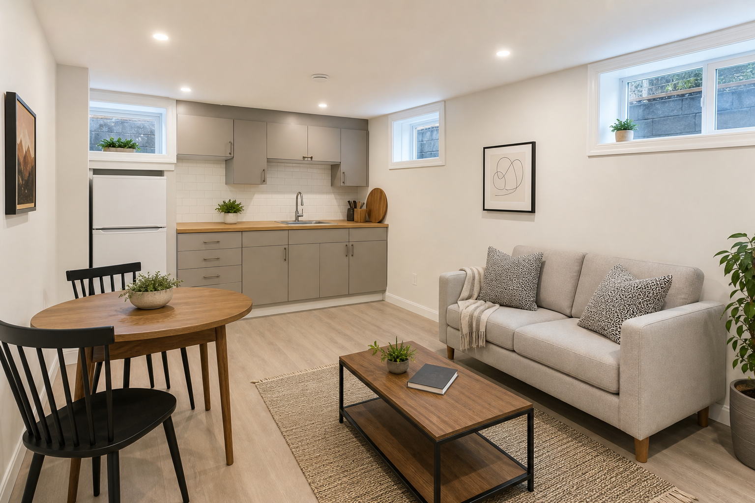 Compact basement secondary-suite living area with kitchenette