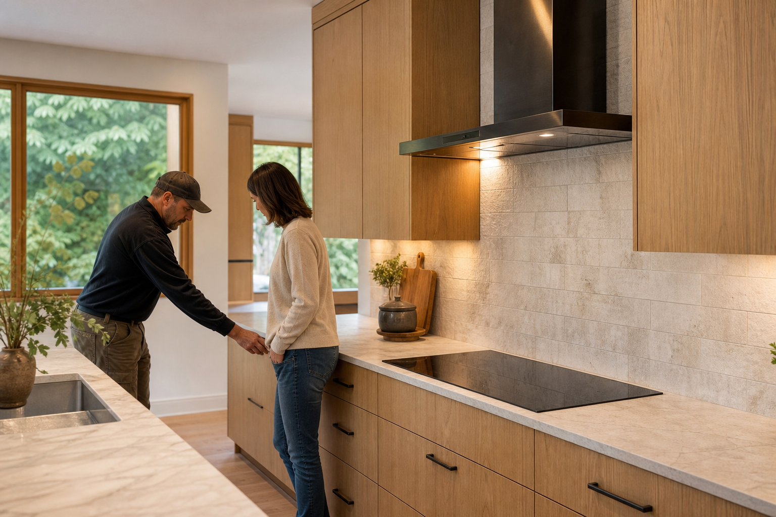 Homeowner and contractor checking cabinetry during a final kitchen walkthrough