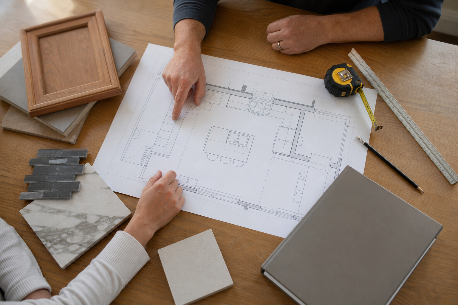 Reviewing kitchen plans and material samples before construction