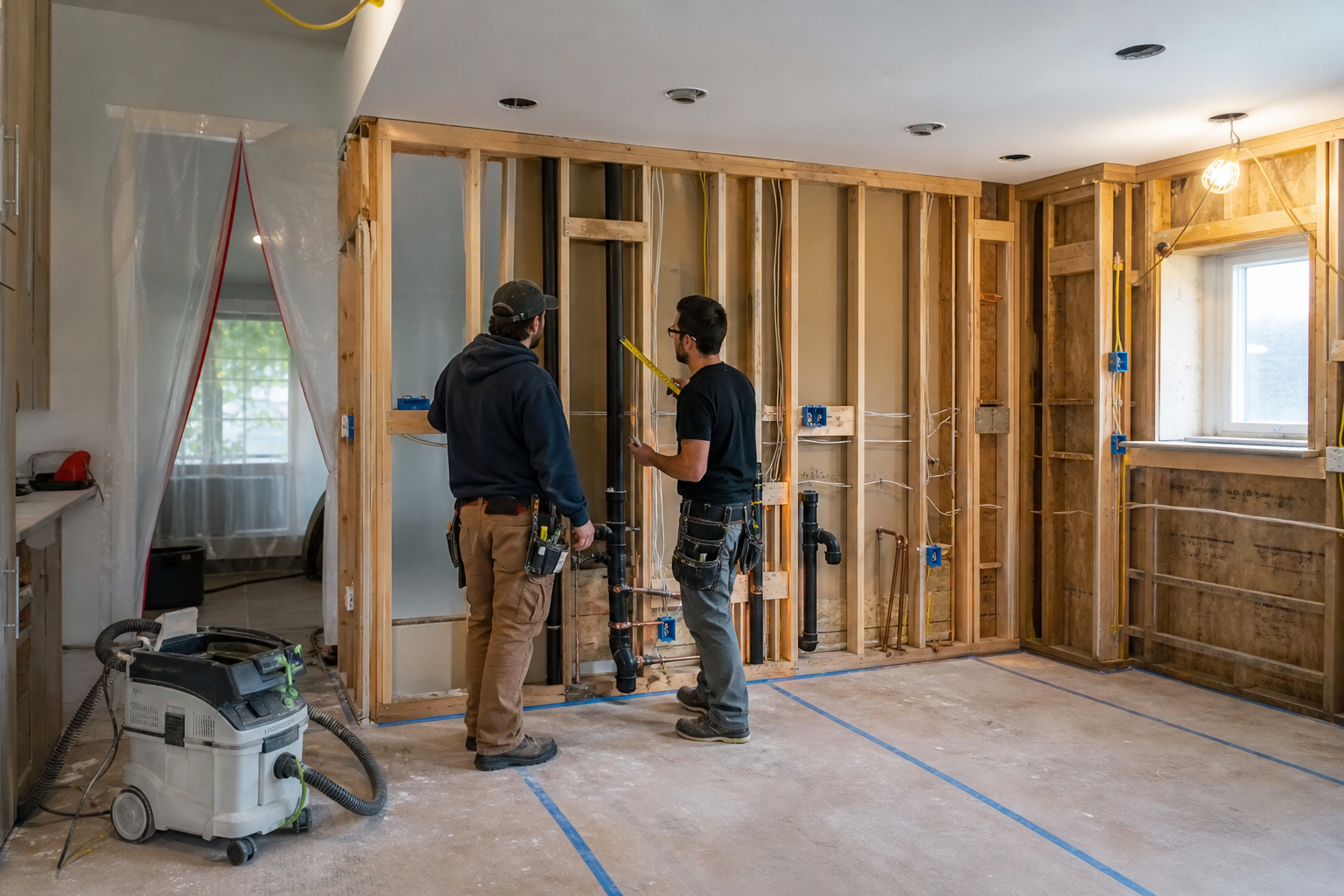 Kitchen renovation crew reviewing plumbing and electrical rough-ins in a controlled work area