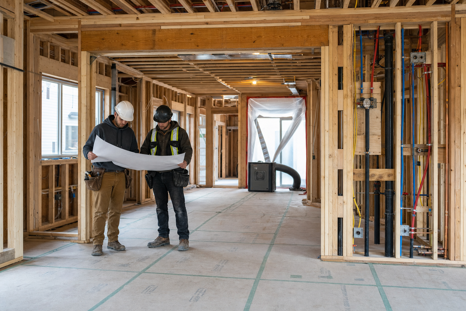 Tradespeople reviewing drawings during framing and rough-in work